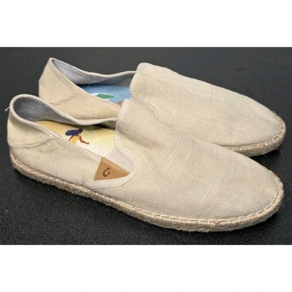OluKai KAULA PA'A KAPA Canvas‎ SLIP ON Espadrilles TAN STONE Women 10 Boho Beach
